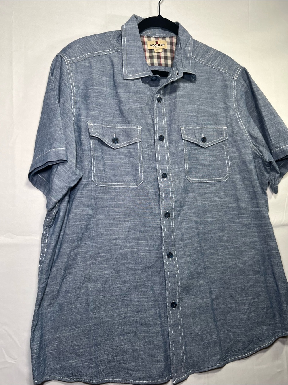 Woolrich Men’s Blue Chambray Short Sleeve Work Shirt XL 100% Cotton - Picture 4 of 9